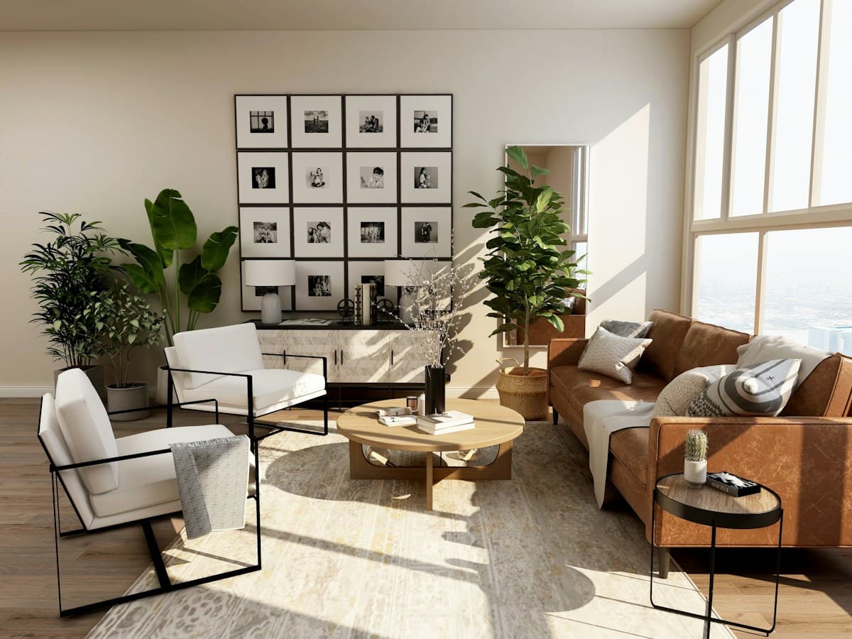 Light-filled living room with warm natural materials