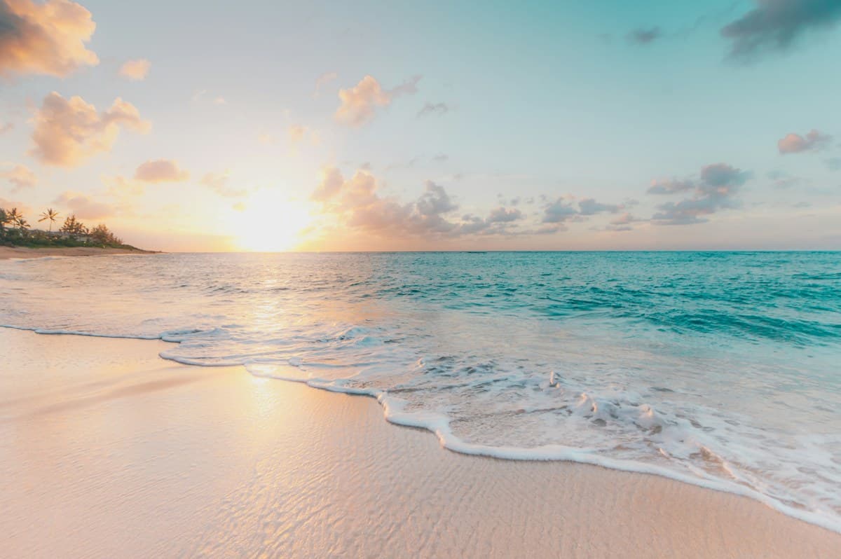An open coastline with white sand and clear blue water